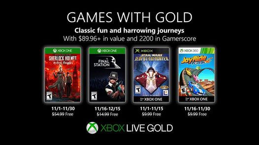 Voici les #GamesWithGold pour novembre 2019 sur #XboxOne et #Xbox360 – #sherlockholmes #FinalStation #StarWarsJediStarfighter #Joyride https://t.co/RQCLL8MsJQ