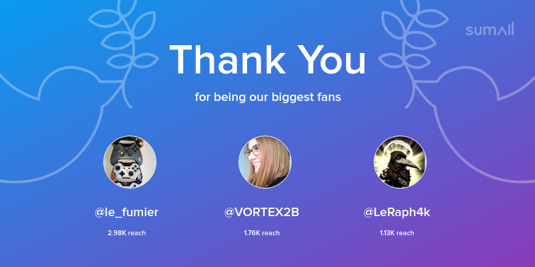 Our biggest fans this week: le_fumier, VORTEX2B, LeRaph4k. Thank you! via https://t.co/NBkUu2Uz1r pic.twitter.com/fAlrJvHUgT
