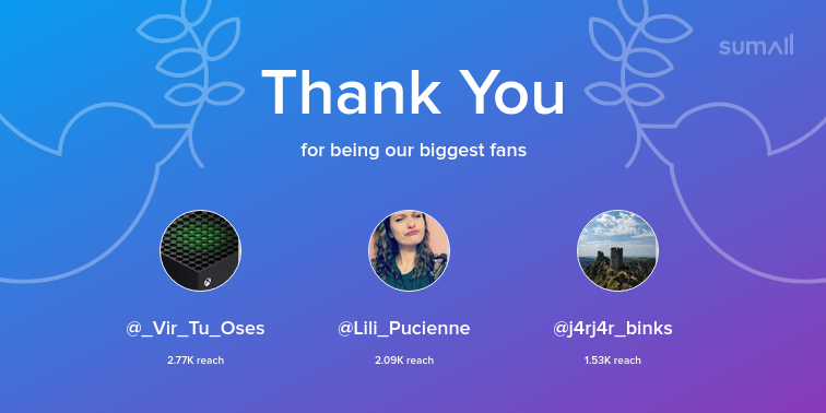 Our biggest fans this week: _Vir_Tu_Oses, Lili_Pucienne, j4rj4r_binks. Thank you! via https://t.co/rWPEbCFELm pic.twitter.com/tIczf4hwik
