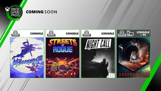 Les nouveaux jeux du Xbox Game Pass sur Xbox One et PC ! Night Call (24 juin) Observation (25 juin) Streets of Rogue (2…
