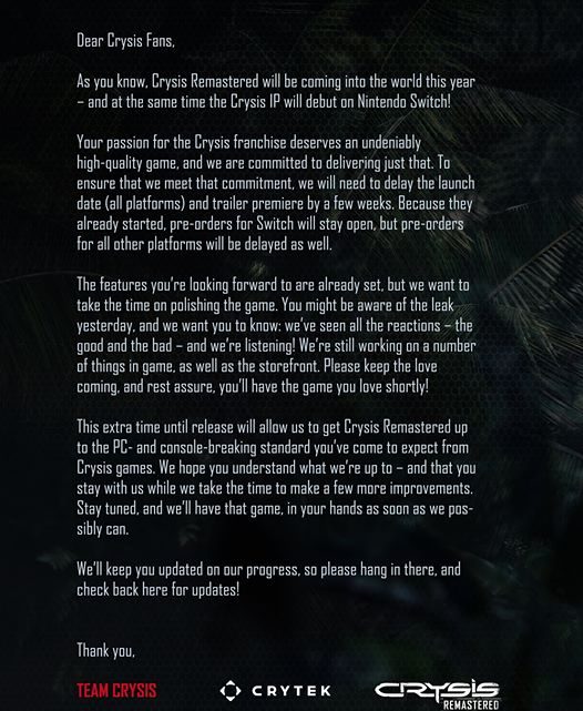 Crysis Remastered est finalement repoussé de quelques semaine sur Xbox One et PC. “Les fonctionnalités que vous attendez…