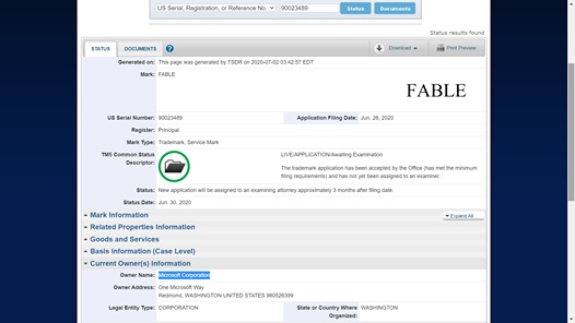 Microsoft Corporation a déposé la marque Fable le 26 juin 2020.