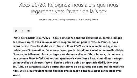 Microsoft abandonne le Xbox 20/20 pour être plus flexible sur les annonces. https://news.xbox.com/…/2020/05/05/xbox-2020…
