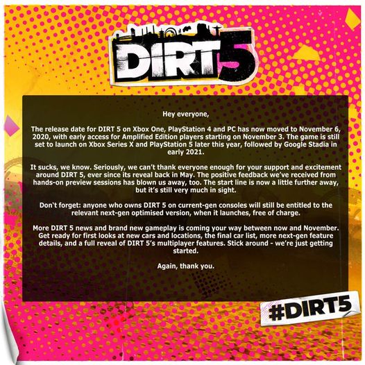 Codemasters annonce le report de DiRT5 de quelques jours. Le titre sera dorénavant disponible le 6 novembre 2020.